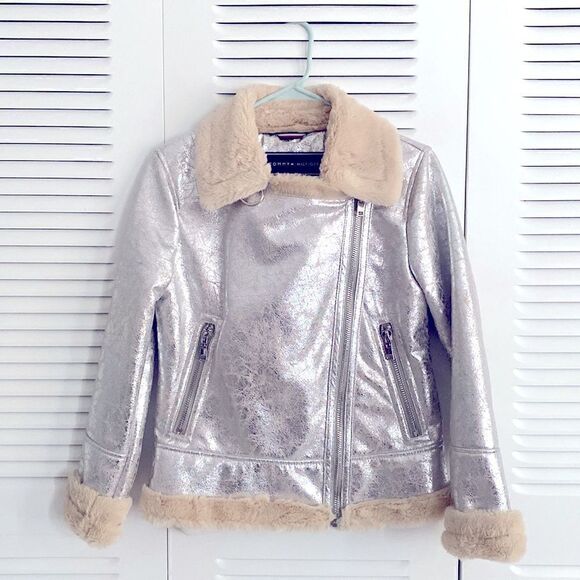 Tommy Hilfiger Metallic Silver Faux Cracked Leather Shearling Coat Jacket - Picture 2 of 7